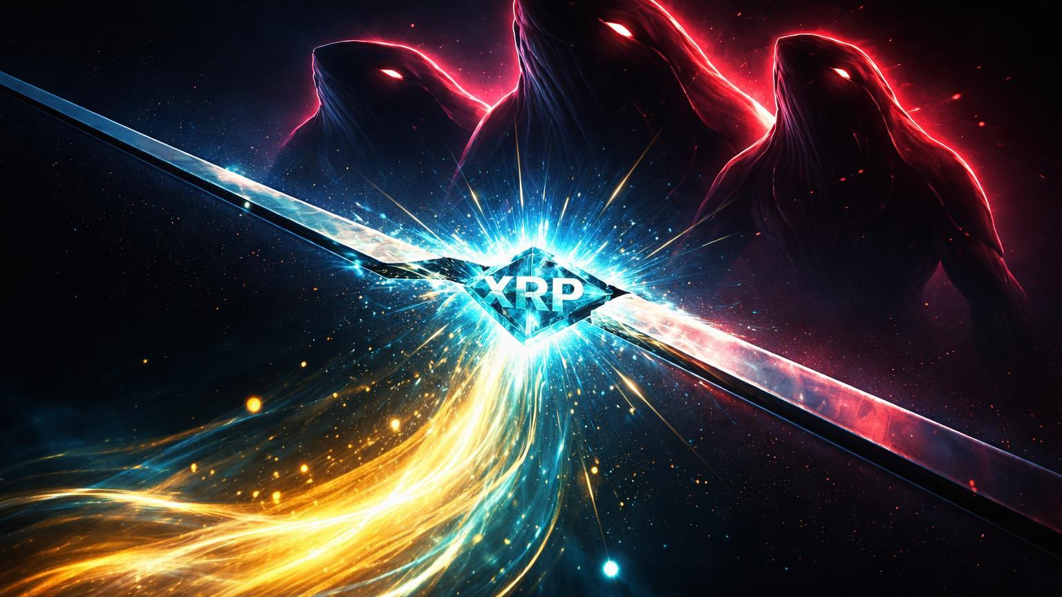 Linha de tendência descendente rachando com silhuetas de baleias pressionando e fluxo XRP emergindo, simbolizando tensão técnica no preço