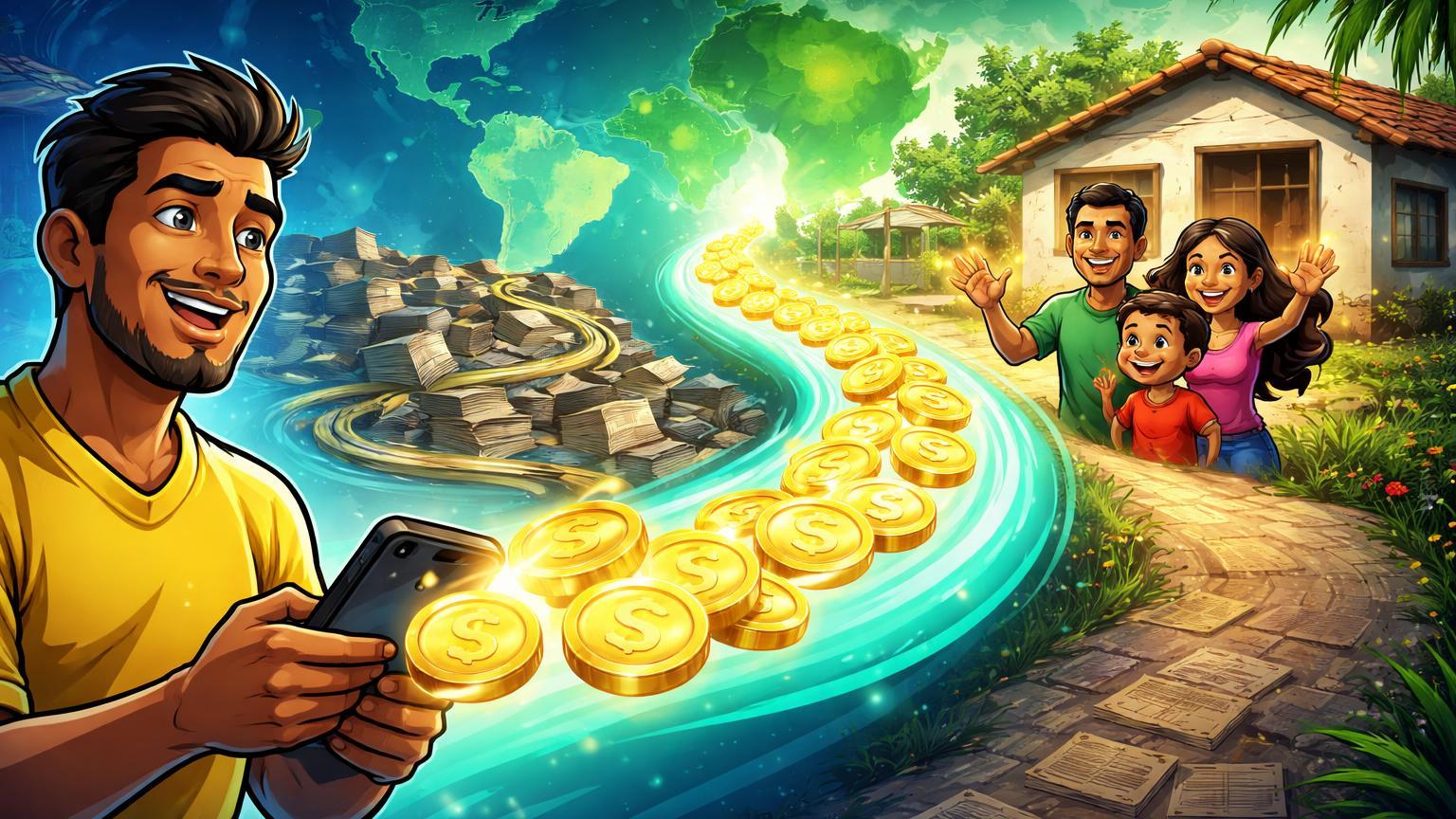 Trabalhador latino cartoon enviando stablecoins via smartphone para família brasileira, simbolizando remessas baratas com fintech na América Latina