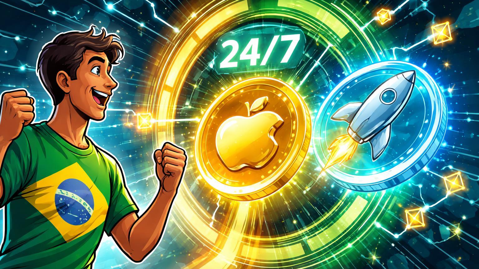 Trader cartoon brasileiro abrindo portal 24/7 com maçã Apple e foguete SpaceX tokenizados, simbolizando diversificação via OKX e MSX