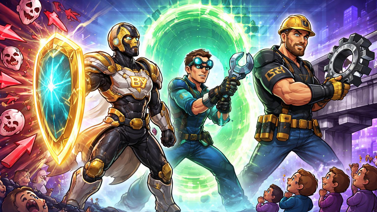 Personagens cartoon de Bybit, IoTeX e OKX defendendo com escudo IA e portal de reembolso contra fraudes, simbolizando avanços em segurança cripto