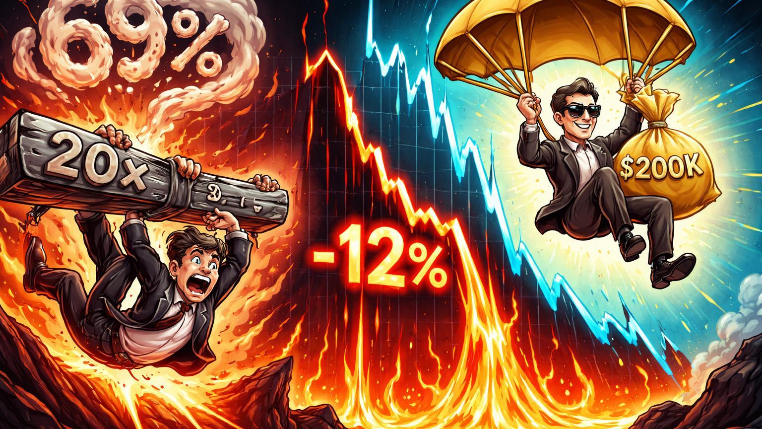 Traders cartoon em cena irônica: um caindo com alavancagem 20x perdendo 69%, outro lucrando short no crash 12% do KOSPI