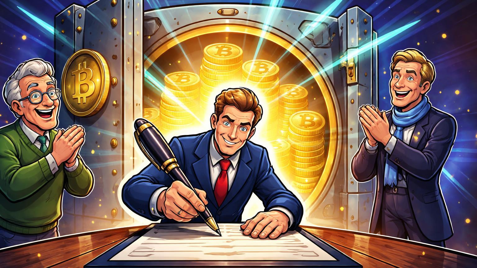 Legislador cartoon assinando lei que abre cofre de aposentadoria com Bitcoin dourado, investidores aplaudindo aprovação regulatória em Indiana e Europa