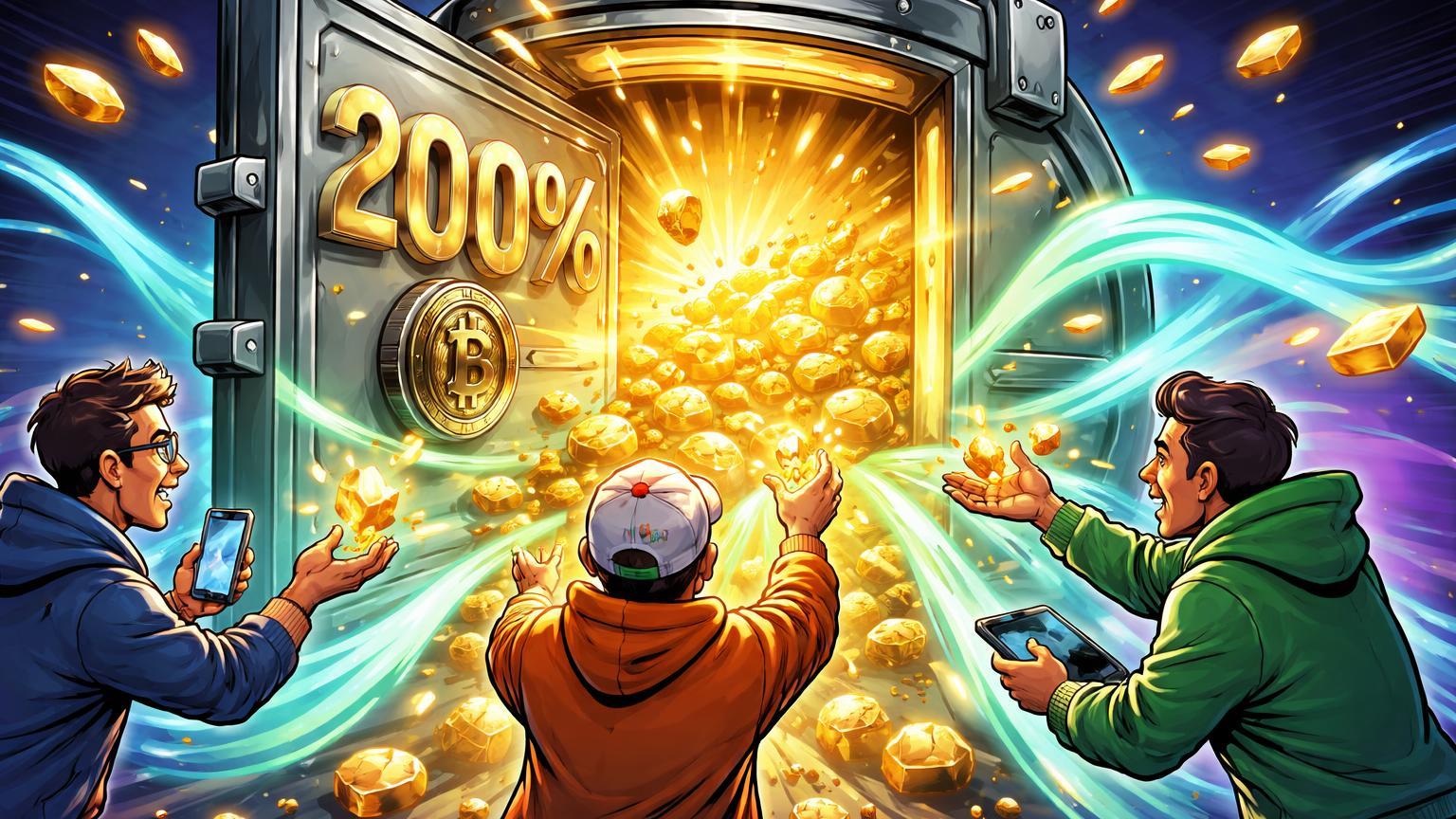 Traders cartoon abrindo cofre digital com '200%' brilhante e pepitas douradas, simbolizando listagens na Binance e APY alto em produtos Earn