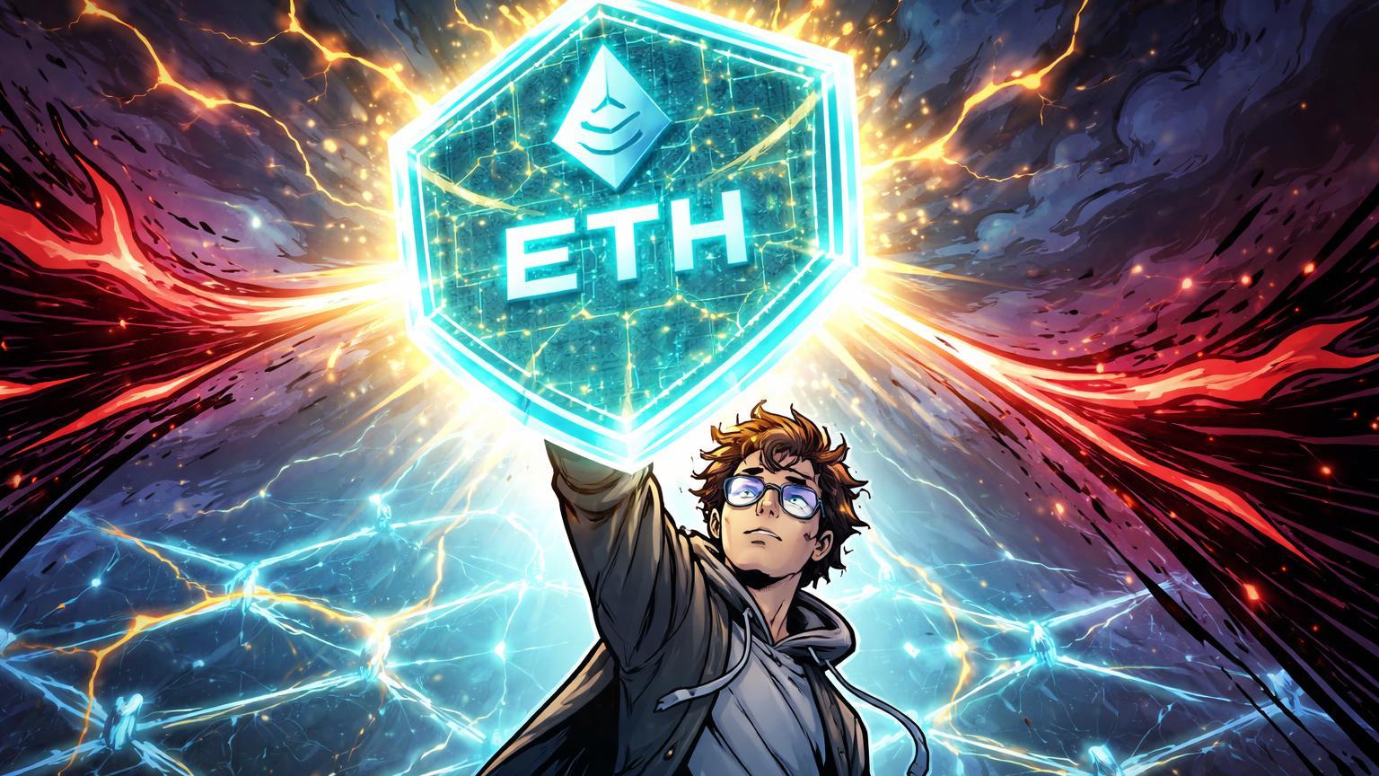 Personagem tech cartoon erguendo escudo hexagonal Ethereum contra ondas governamentais, simbolizando tecnologia de refúgio proposta por Vitalik