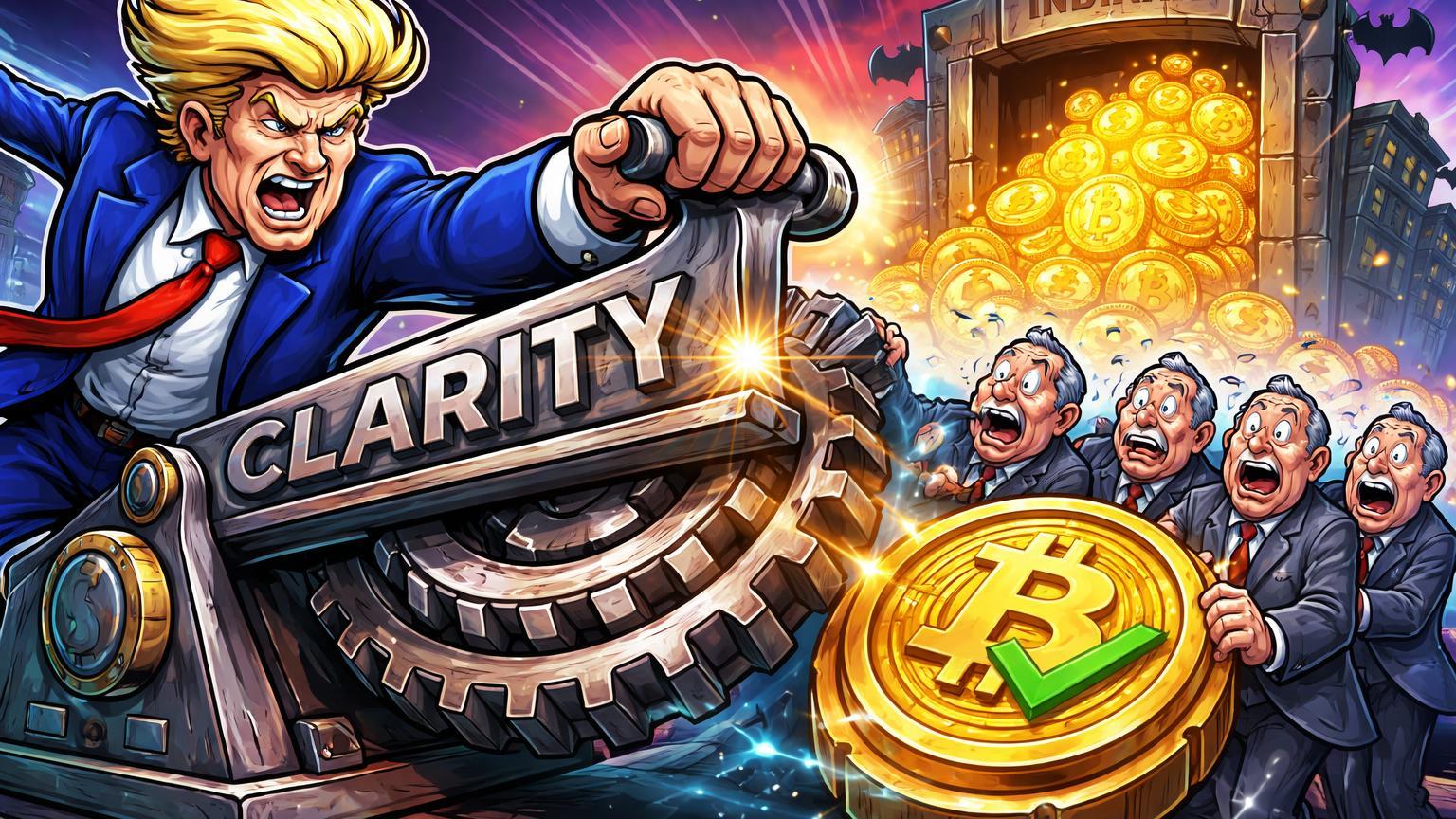 Líder político cartoon pressionando alavanca CLARITY com senadores aprovando Bitcoin para Indiana, enquanto bancos fogem, sinalizando adoção institucional