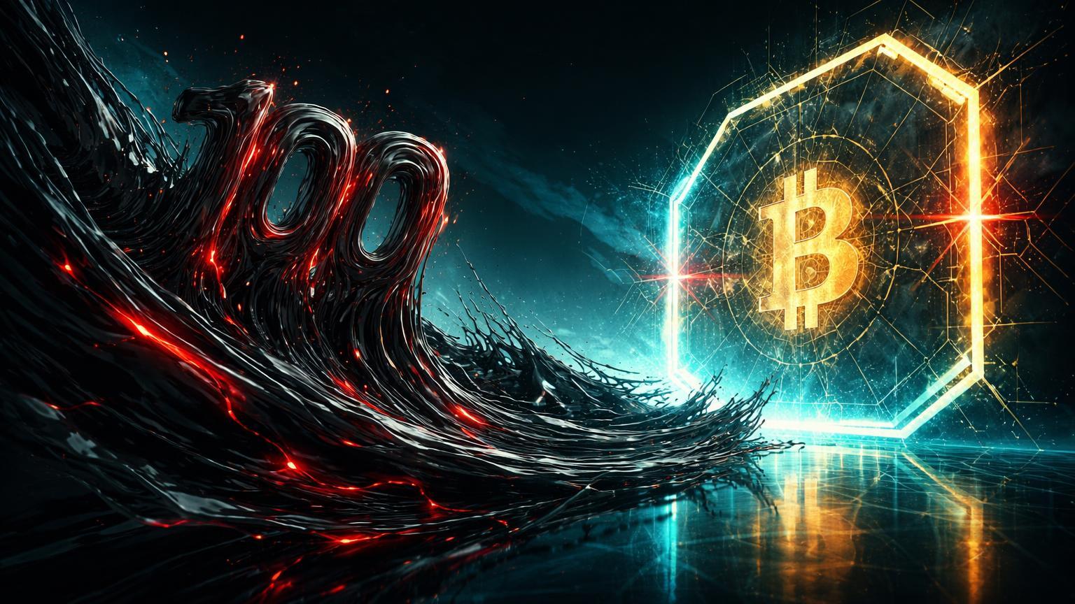 Ondas negras de petróleo com '100' viscoso pressionando barreira digital rachada de Bitcoin, simbolizando tensão geopolítica e risk-off no mercado cripto