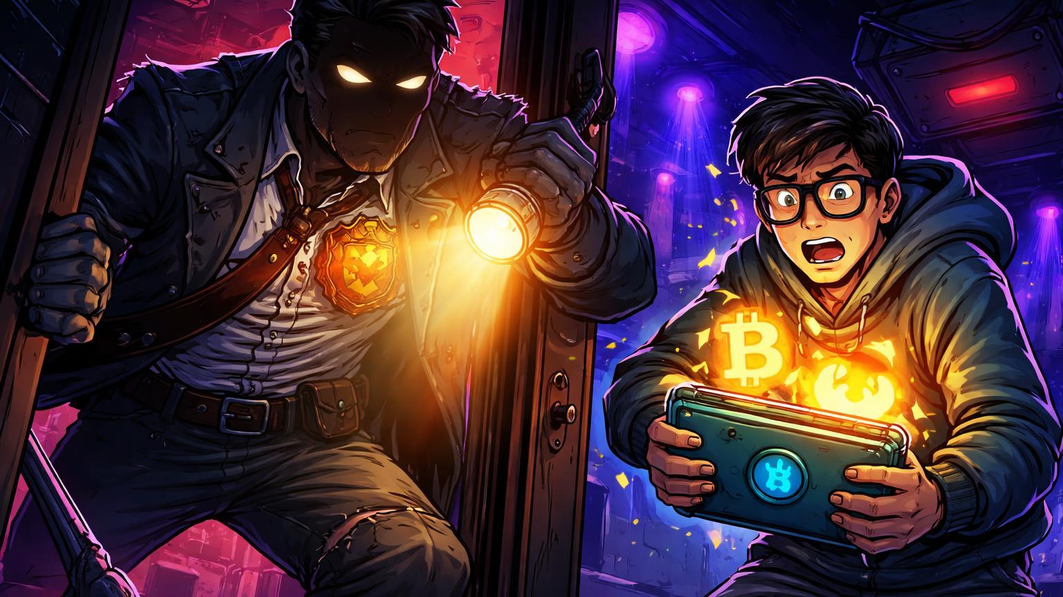 Ex-policial cartoon invadindo casa noturna para roubar wallet de Bitcoin e SHIB de jovem trader, alertando riscos físicos em cripto
