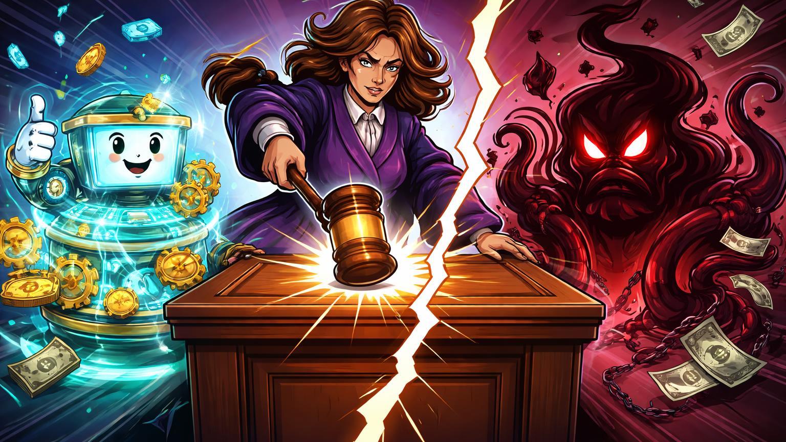 Juíza cartoon batendo martelo absolvendo plataforma DeFi neutra enquanto rejeita ferramenta de ofuscação sombria, simbolizando decisão judicial pro-Uniswap