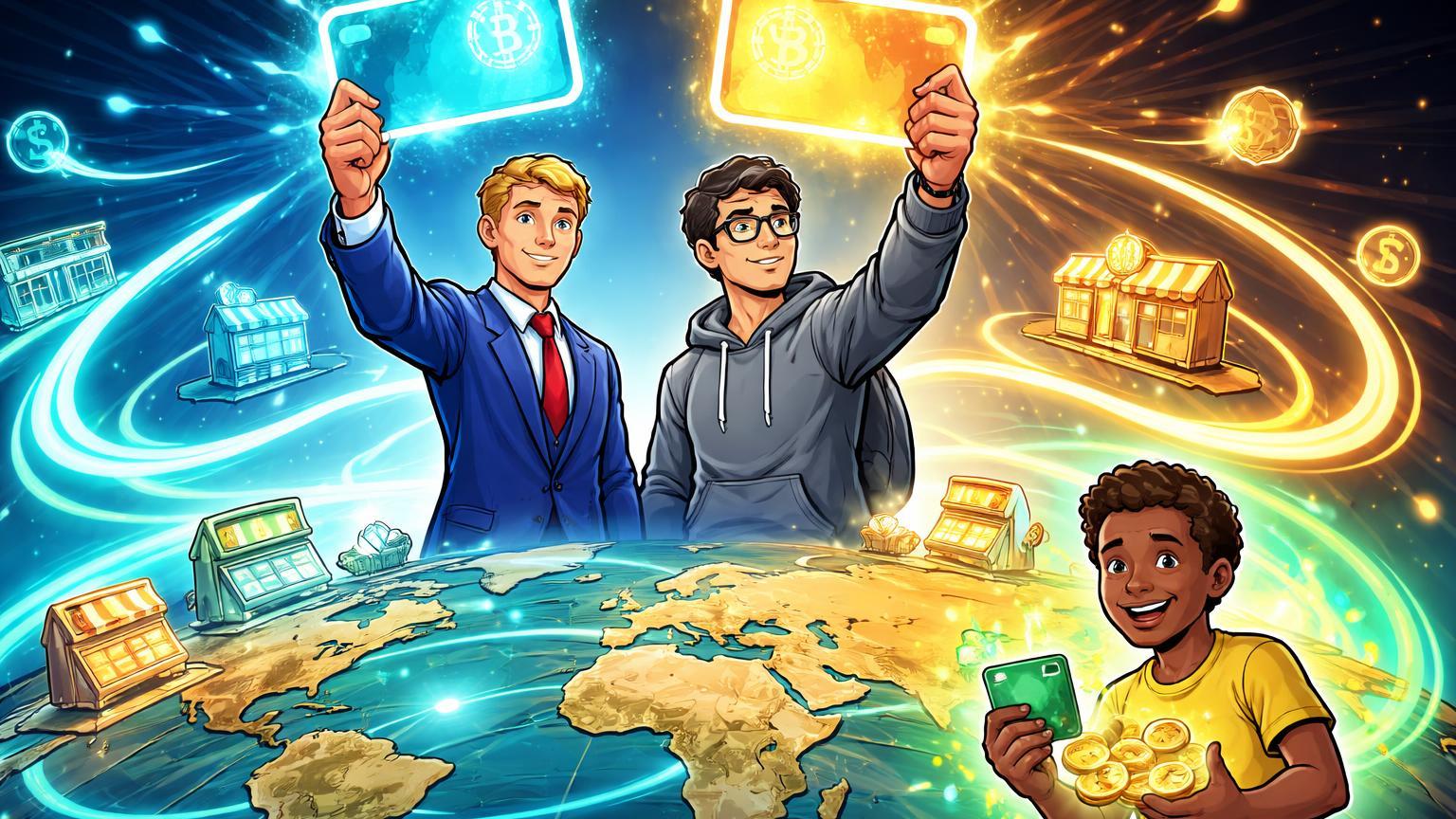 Executivos cartoon estilizados erguendo cartões stablecoin conectando lojas globais, com usuário brasileiro recebendo cashback em expansão de pagamentos cripto