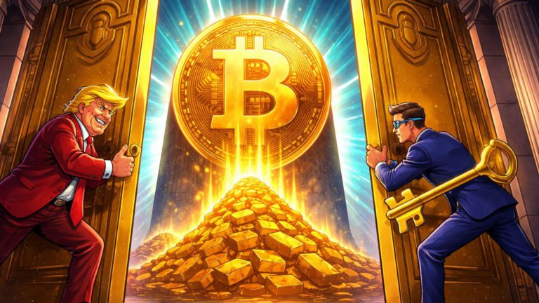 Trump e executivo cartoon abrindo portas douradas do FED revelando Bitcoin eclipsando ouro, simbolizando marco institucional pró-cripto