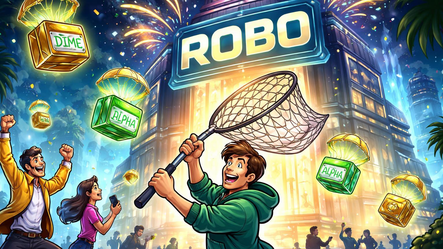 Traders cartoon capturando airdrops DIME e Alpha com rede enquanto ROBO é anunciado na exchange, simbolizando listagem e oportunidades na Binance