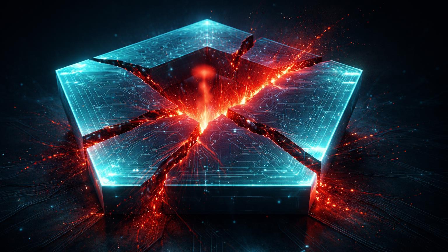 Estrutura pentagonal cibernética rachando com luz vermelha nuclear emergindo, simbolizando riscos de IA militar no Pentágono