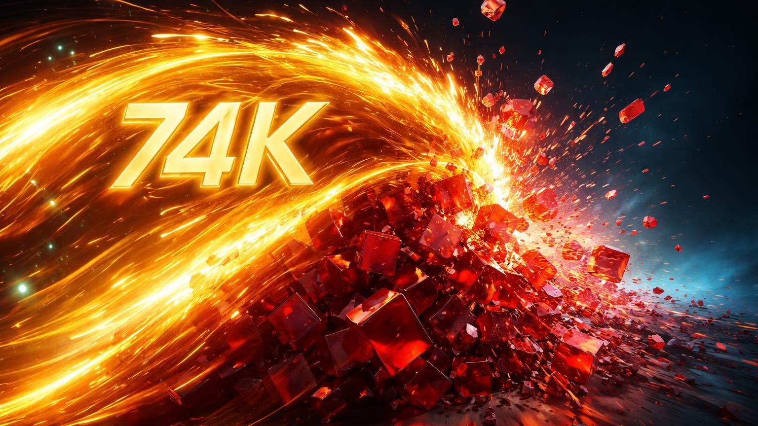 Onda dourada com 74K esmagando cubos vermelhos fragmentados, simbolizando short squeeze e liquidações bilionárias no Bitcoin