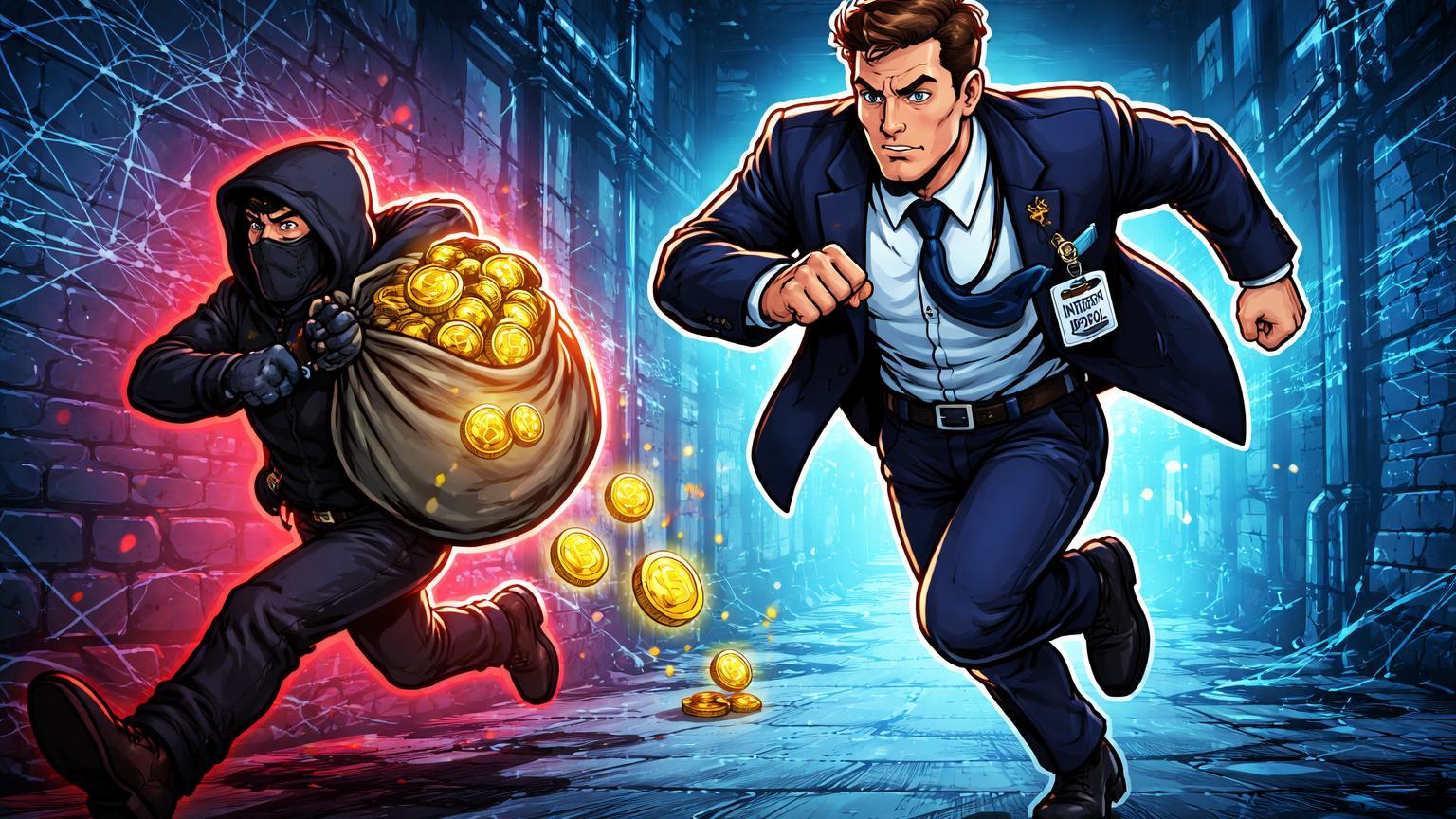 Agente Interpol cartoon perseguindo criminoso com saco de Bitcoin em beco digital rachado, representando caça a lavador da KuCoin e roubo cripto