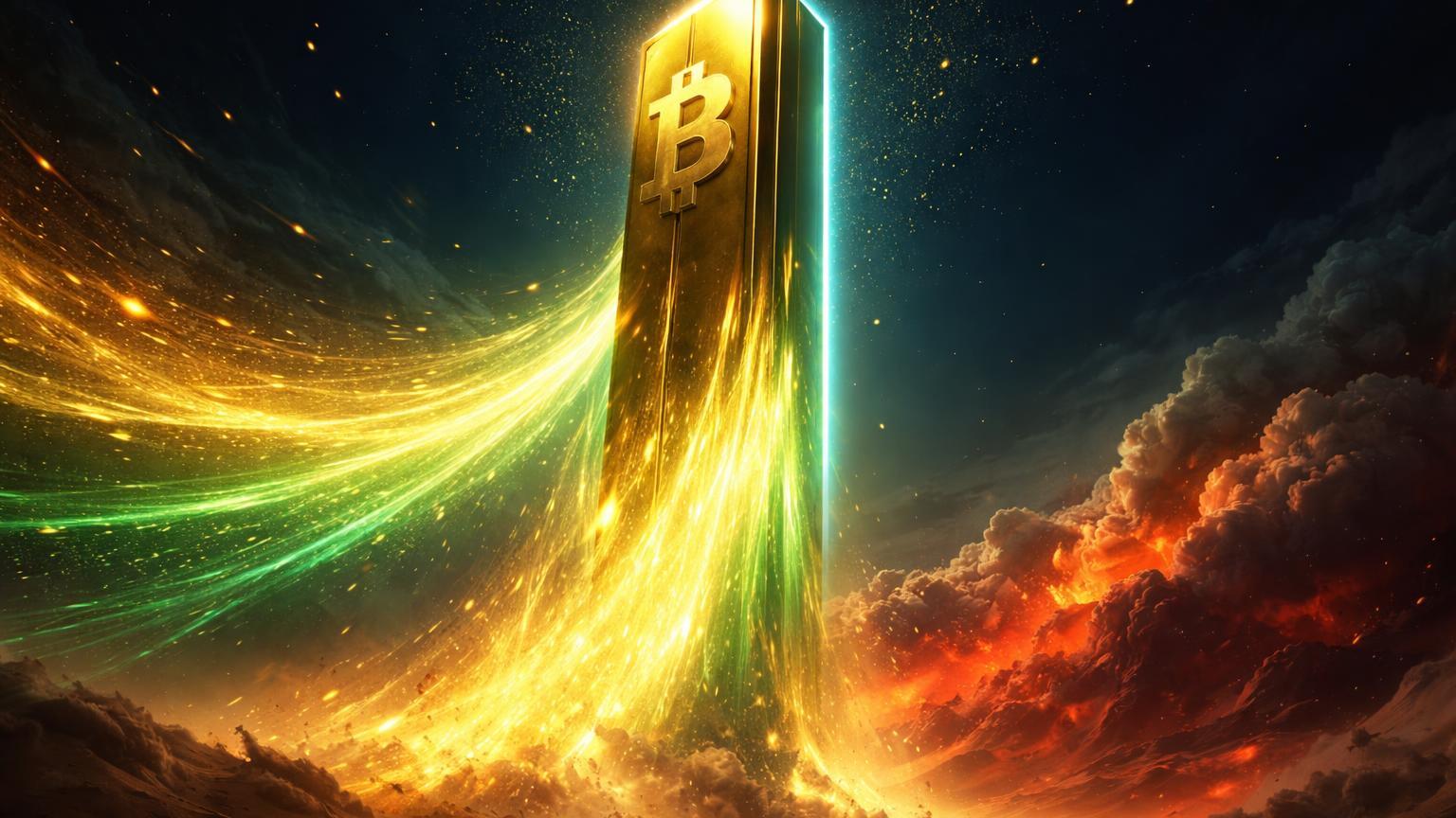 Estrutura Bitcoin dourada elevada por fluxo institucional acima de tempestade vermelha geopolítica, destacando influxos de US$ 1,5 bi em ETFs