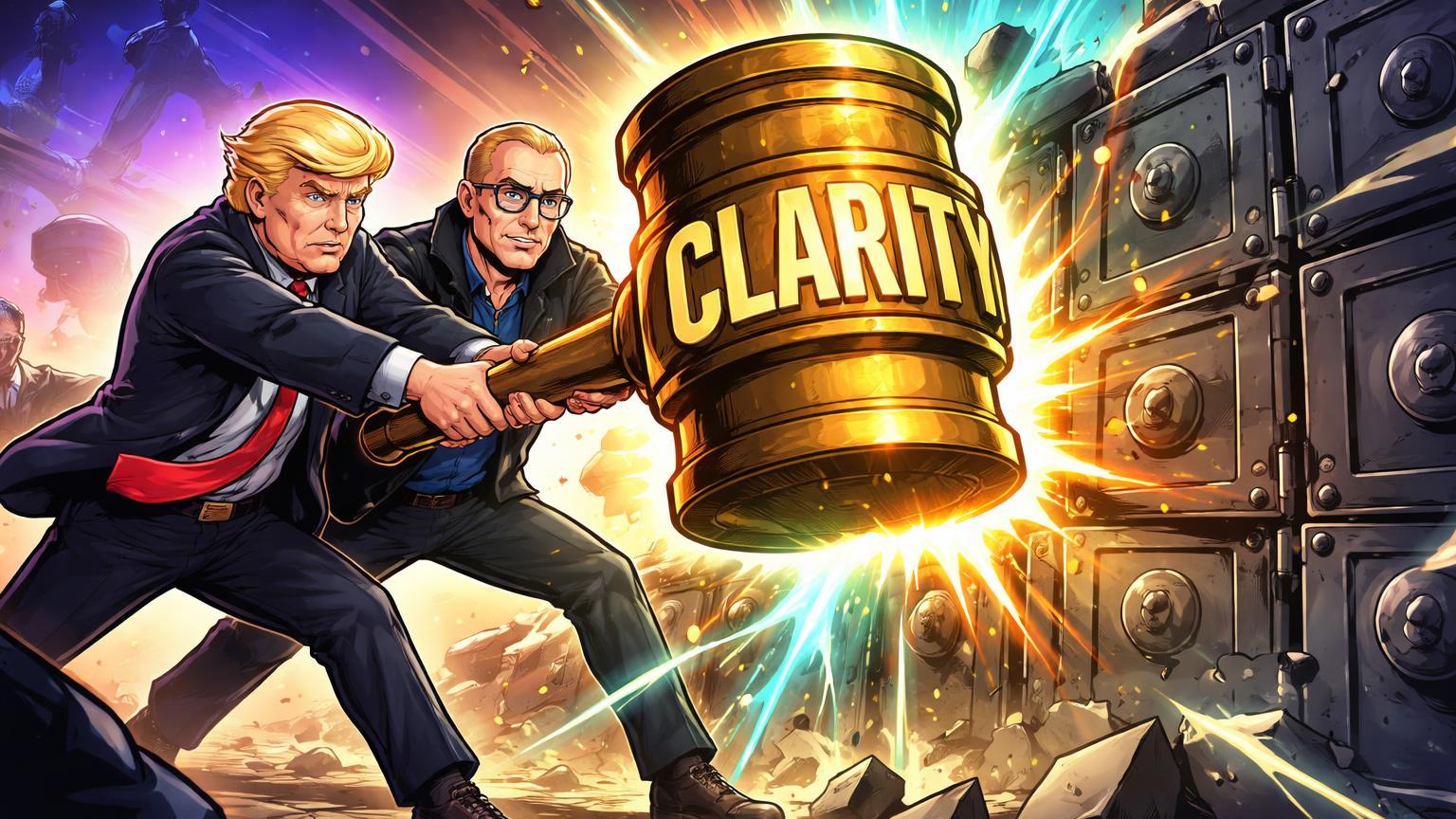 Trump e Brian Armstrong cartoon empurrando selo CLARITY contra barreira bancária rachando com luz cripto, simbolizando ultimato por leis nos EUA