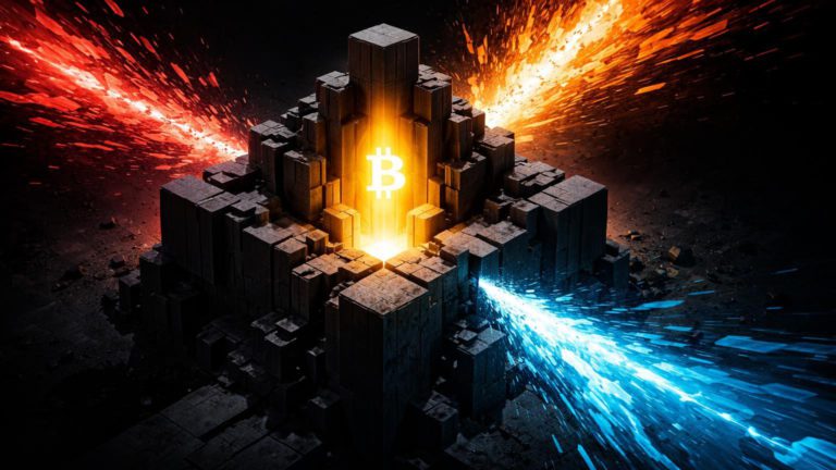 Fortaleza brutalista sob três assaltos de ondas vermelha, laranja e azul, com núcleo dourado intacto simbolizando BTC como refúgio em meio a hacks, geopolítica e Fed