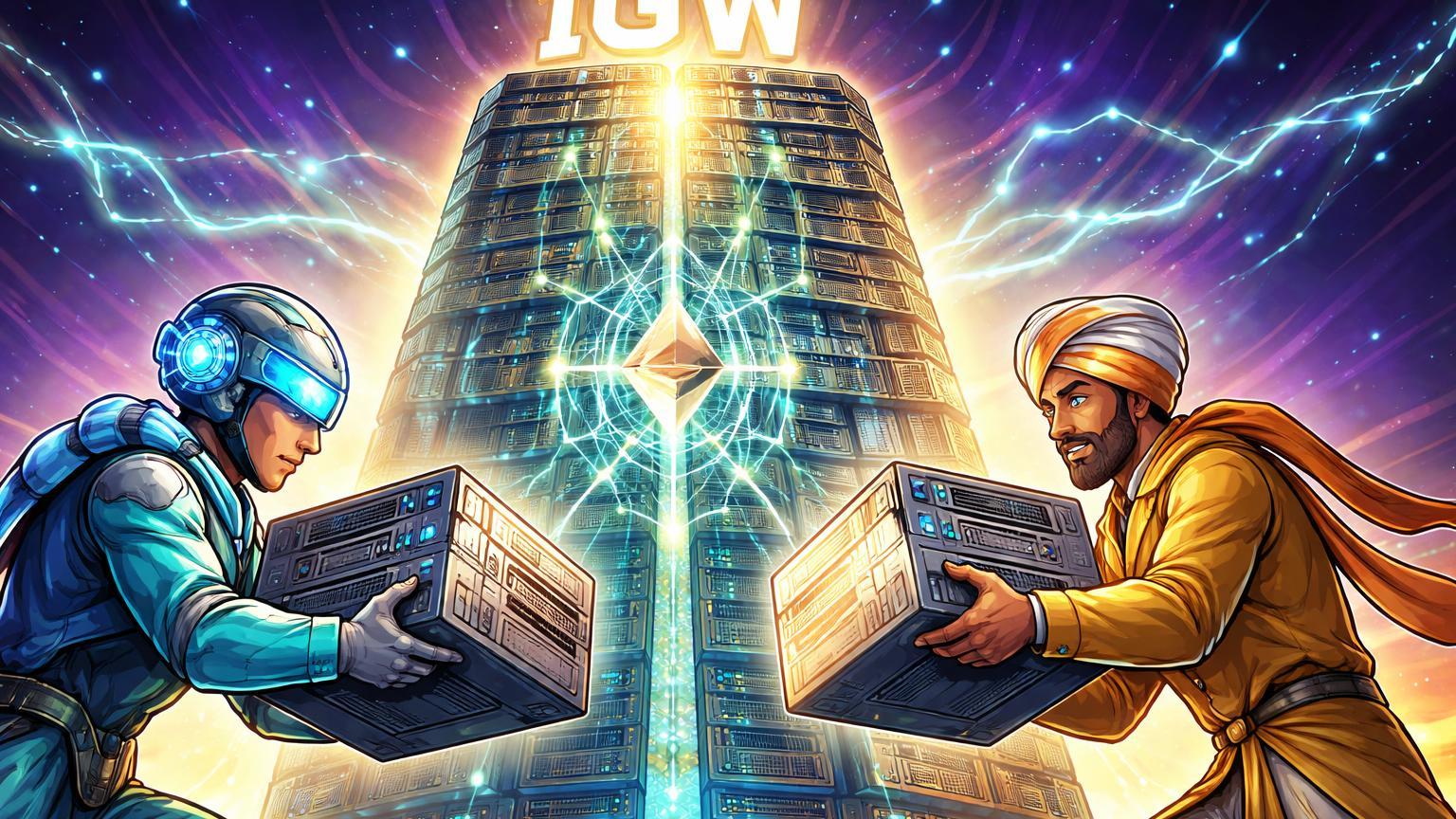 Personagens cartoon de OpenAI e Tata construindo torre de data center com nüleo Ethereum e 1GW no topo, simbolizando aliança IA-blockchain na Índia