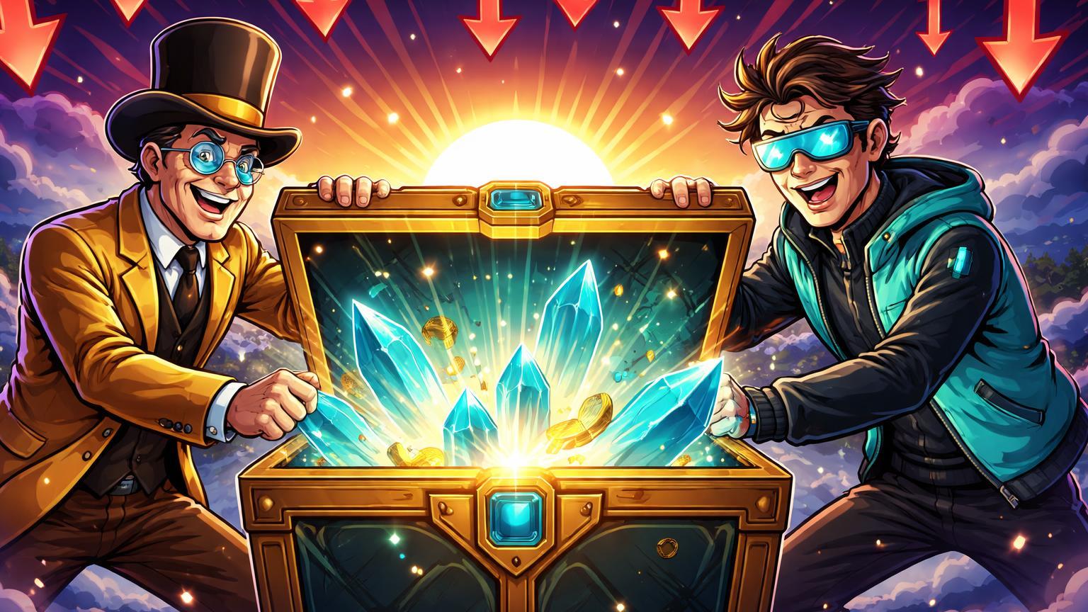 Executivos cartoon de Goldman Sachs e Zerohash abrindo baú de oportunidades em chuva de queda, prevendo recuperação bullish no cripto