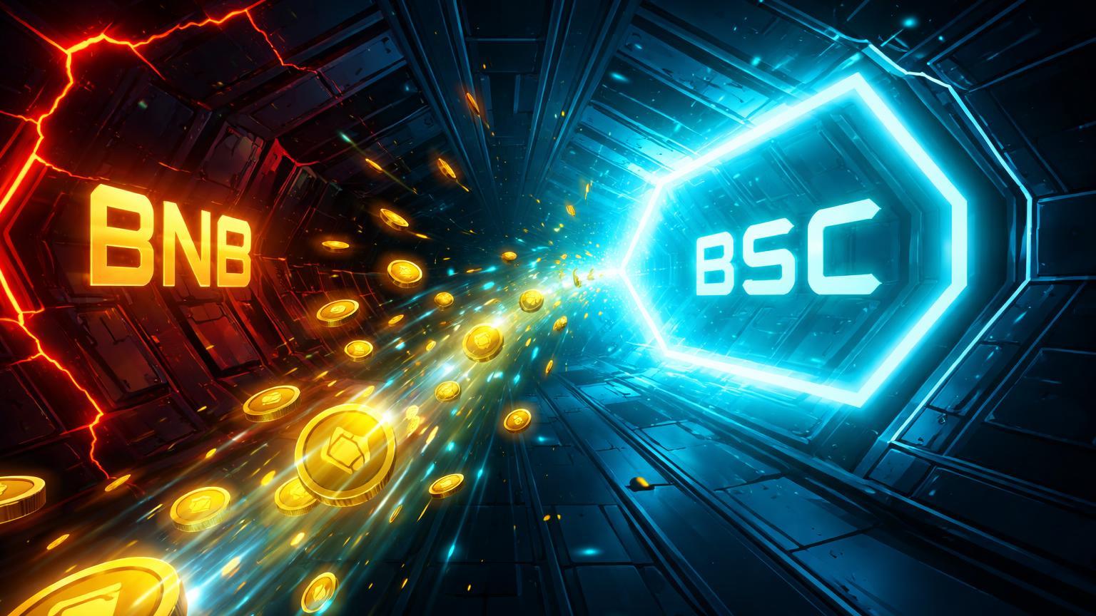 Portal de migração digital se fechando na Beacon Chain com tokens fluindo para BSC, alertando descontinuação urgente da BNB Chain