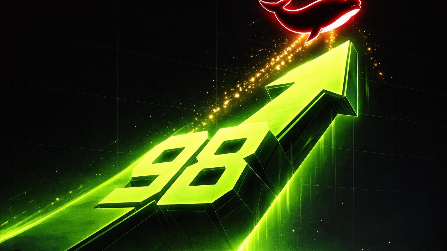 Forma geométrica verde com 98% esculpido ascendendo contra silhueta de baleia vermelha distribuindo partículas douradas, simbolizando sinais de alta vs venda de baleias em ROST