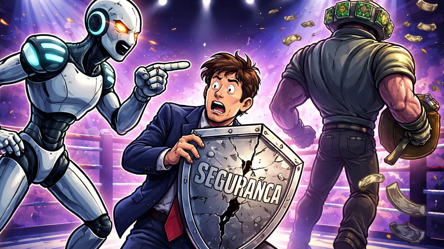 Personagens cartoon em ringue tech: Anthropic acusando OpenAI com escudo falso rachado, Nvidia se afastando com carteira vazia, retratando briga no Vale do Silício