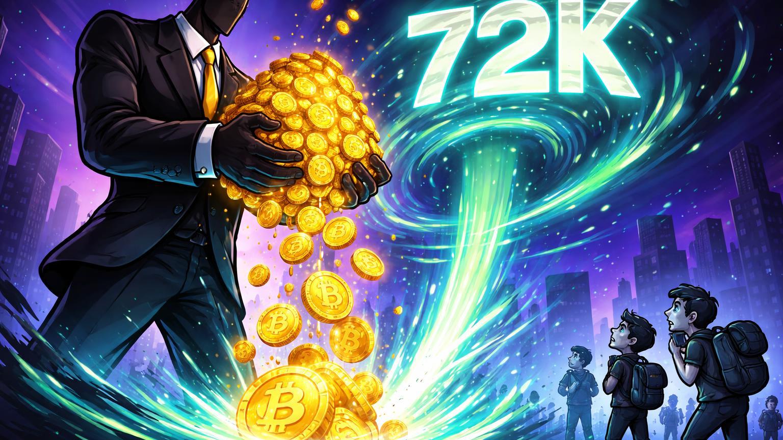 Gigante institucional cartoon derramando moedas BTC em vórtice cyan com marco 72K, enquanto varejo hesita ao fundo, simbolizando influxos de ETFs e BlackRock