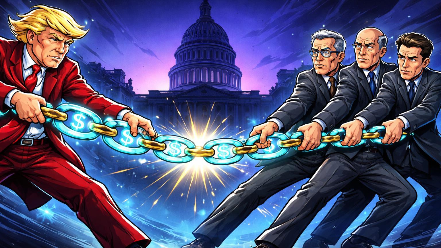 Personagens cartoon de Trump e banqueiros puxando corda de stablecoins, simbolizando disputa pelo CLARITY Act e futuro das stablecoins