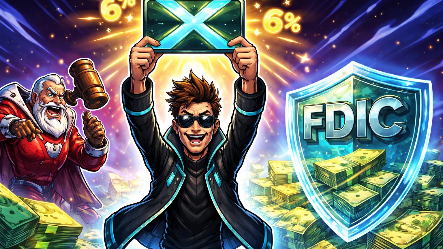 Visionário tech cartoon erguendo X Money com raios dourados e escudo FDIC, ao lado de capitão espacial com martelo de leilão, celebrando beta com 6% rendimento