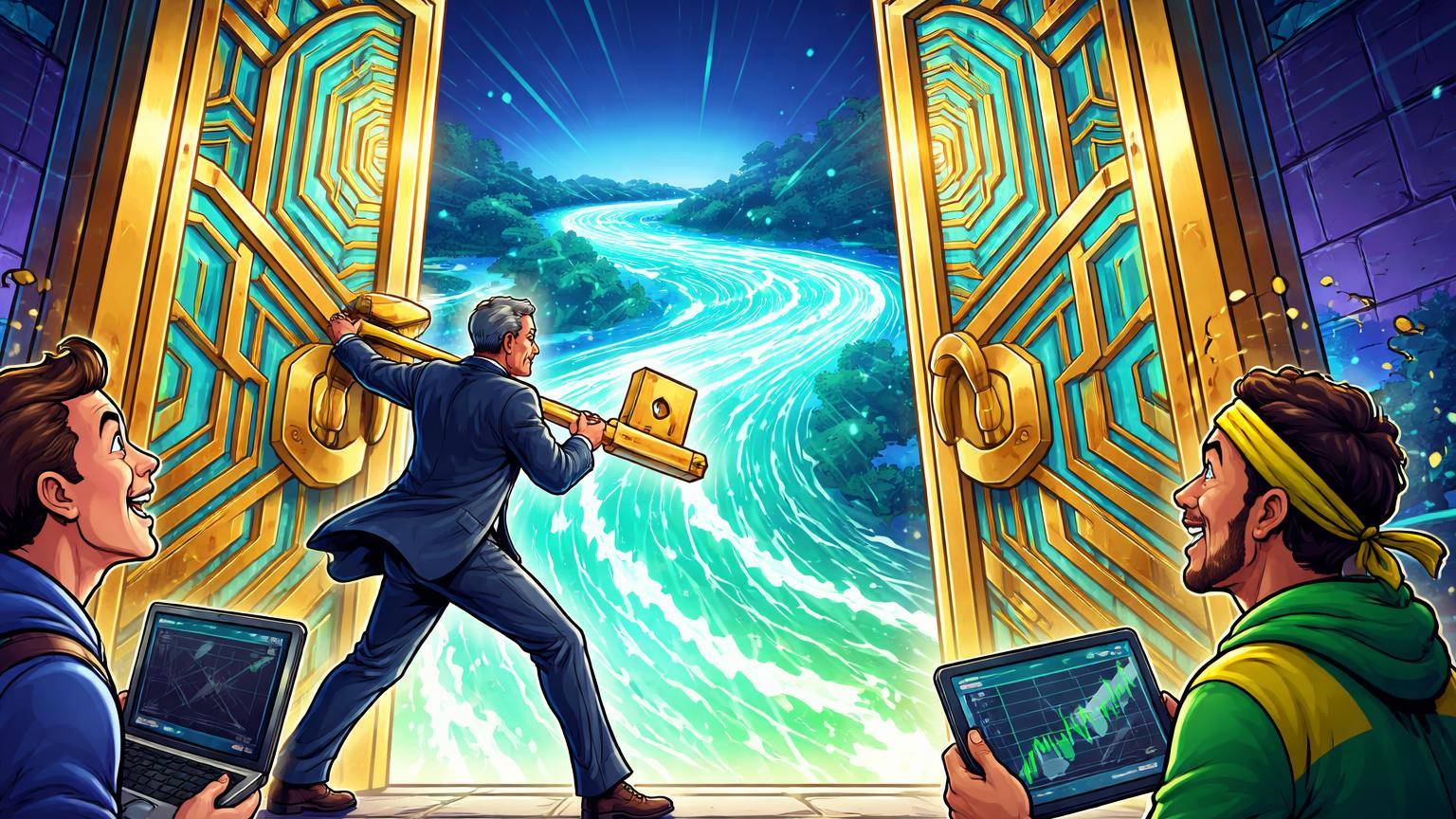 Regulador cartoon abrindo portões para rio de liquidez com traders animados, simbolizando aprovação de futuros perpétuos pela CFTC