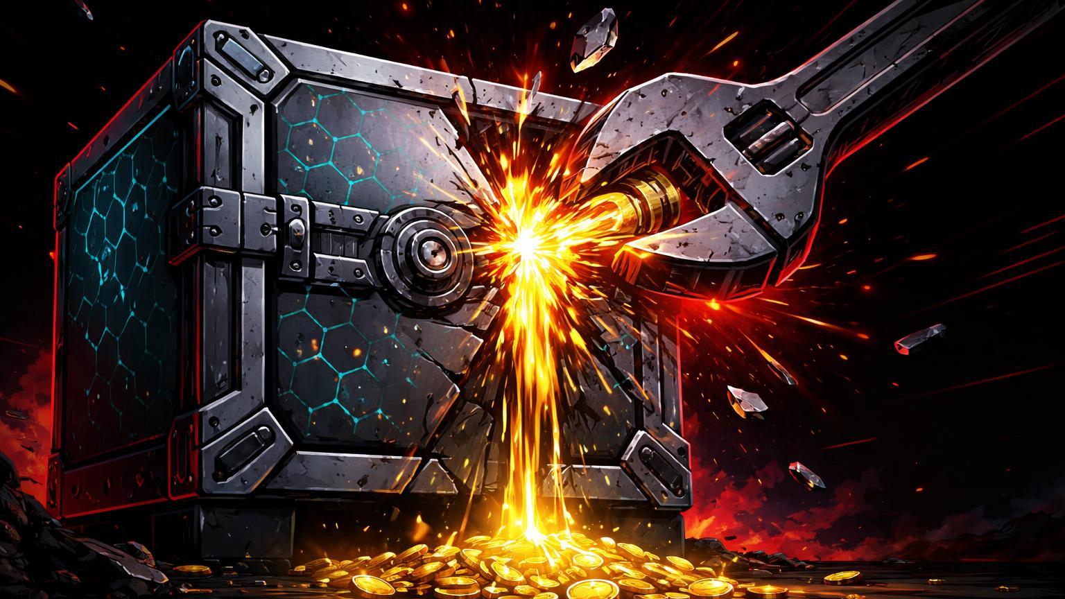 Cofre digital rachado por chave inglesa gigante vazando ouro luminoso, simbolizando roubo violento de US$ 24 milhões e alerta de segurança física em cripto