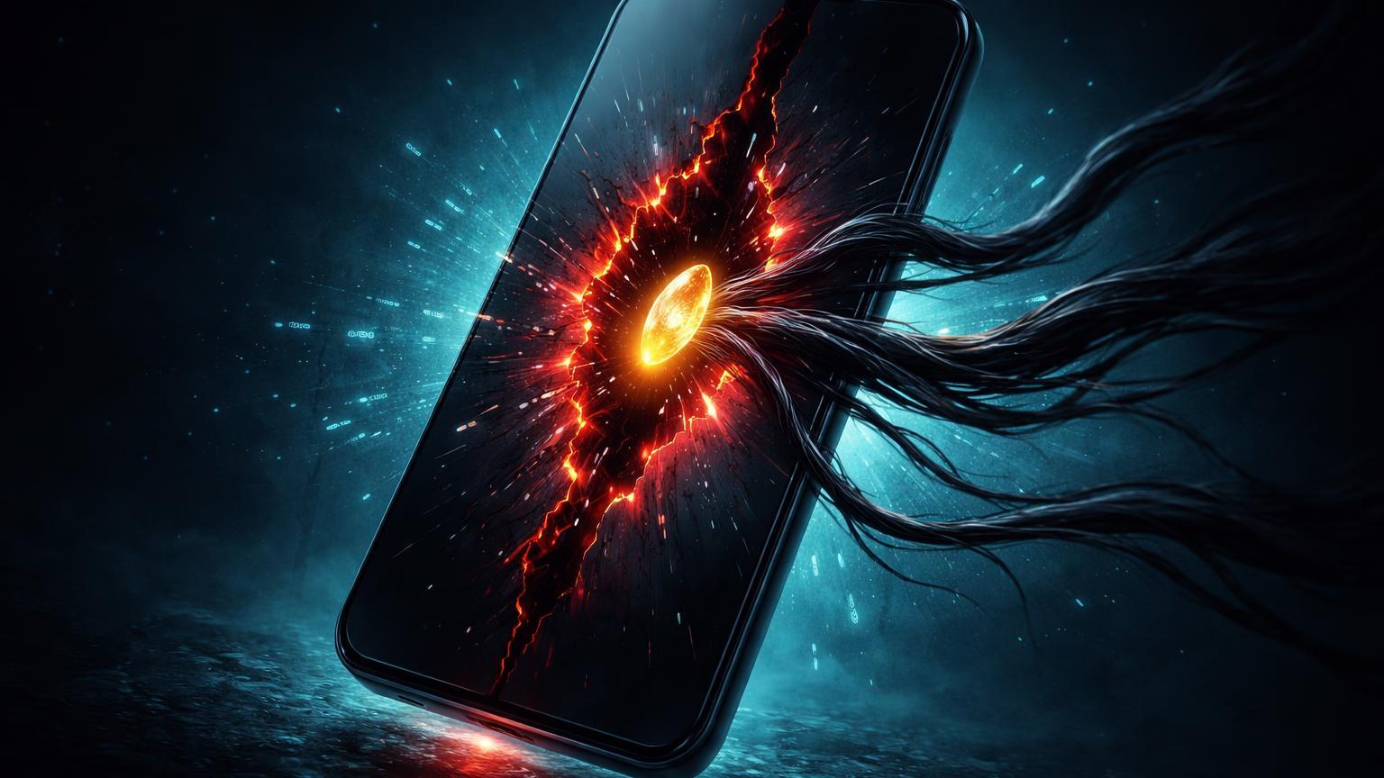 Dispositivo móvel com brecha vermelha sugando semente dourada de carteira cripto, ilustrando exploit iOS e riscos de phishing