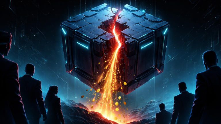 Fortaleza digital hexagonal com brecha vermelha vazando energia dourada e silhuetas sombrias, simbolizando crise de custódia institucional