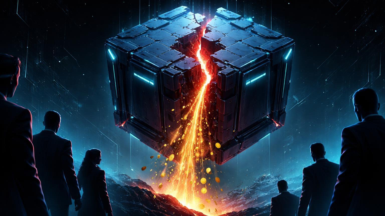 Fortaleza digital hexagonal com brecha vermelha vazando energia dourada e silhuetas sombrias, simbolizando crise de custódia institucional