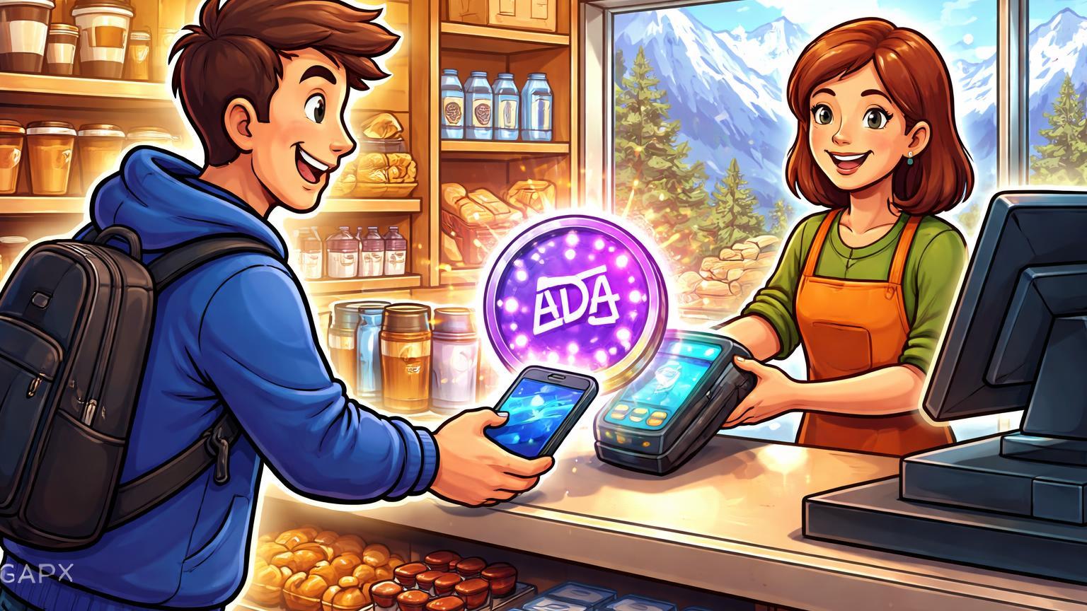 Cliente cartoon pagando café em loja suíça com moeda ADA luminosa via app, simbolizando adoção cotidiana de Cardano