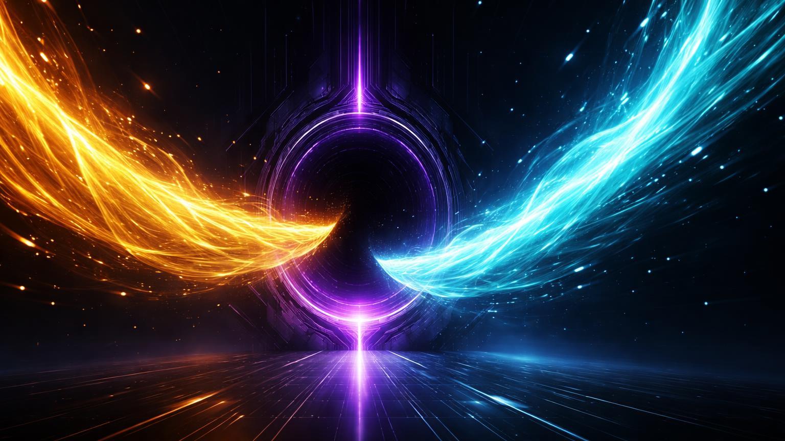 Correntes de energia dourada mergulhando e cyan emergindo de portal cibernetico negro, simbolizando depositos e retiradas de baleias em BTC e ETH