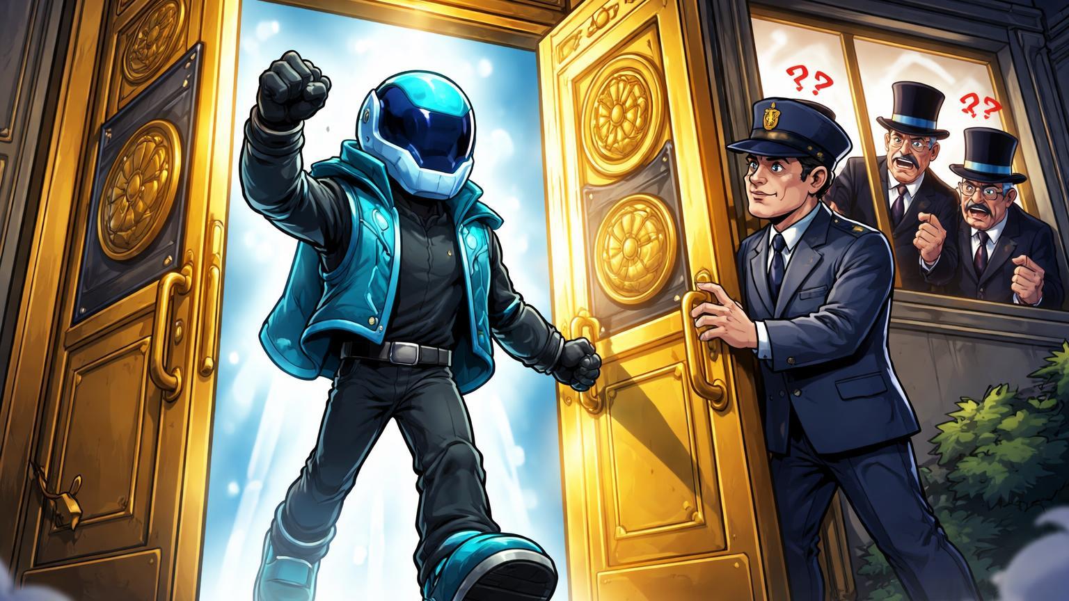 Personagem Kraken cartoon recebido pelo guarda do Federal Reserve abrindo porta monumental, enquanto banqueiros irritados espiam, simbolizando aprovação disruptiva