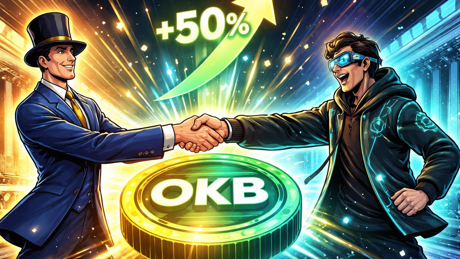 Executivos cartoon de NYSE e OKX apertando mãos sobre token OKB explodindo +50%, simbolizando investimento de US$ 25 bi da ICE
