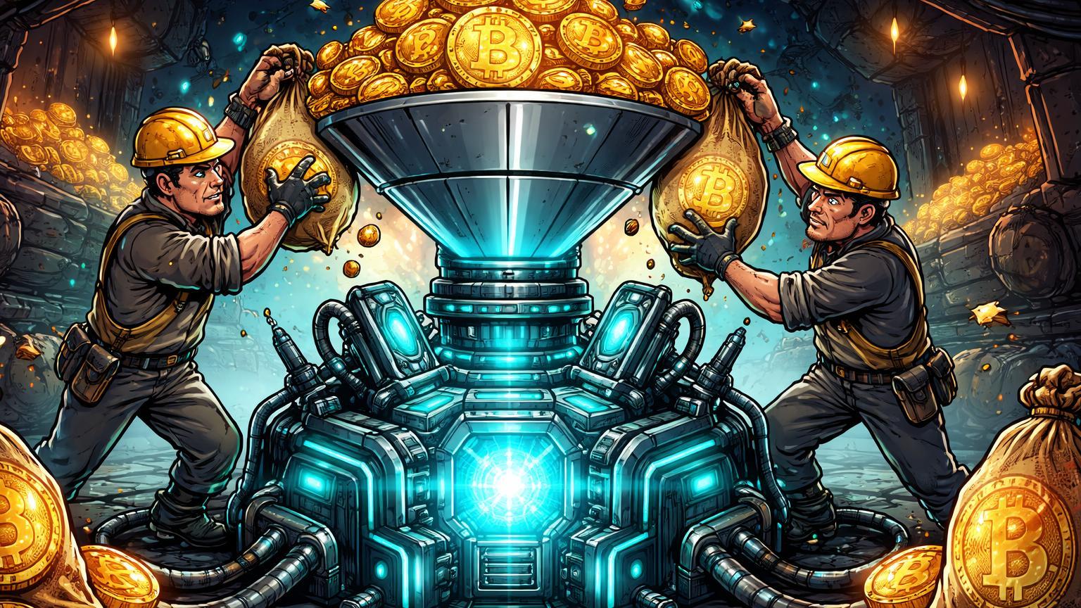 Mineradores cartoon despejando moedas BTC em funil de máquina IA pulsante, simbolizando venda de Bitcoin para financiar transição à intelignância artificial