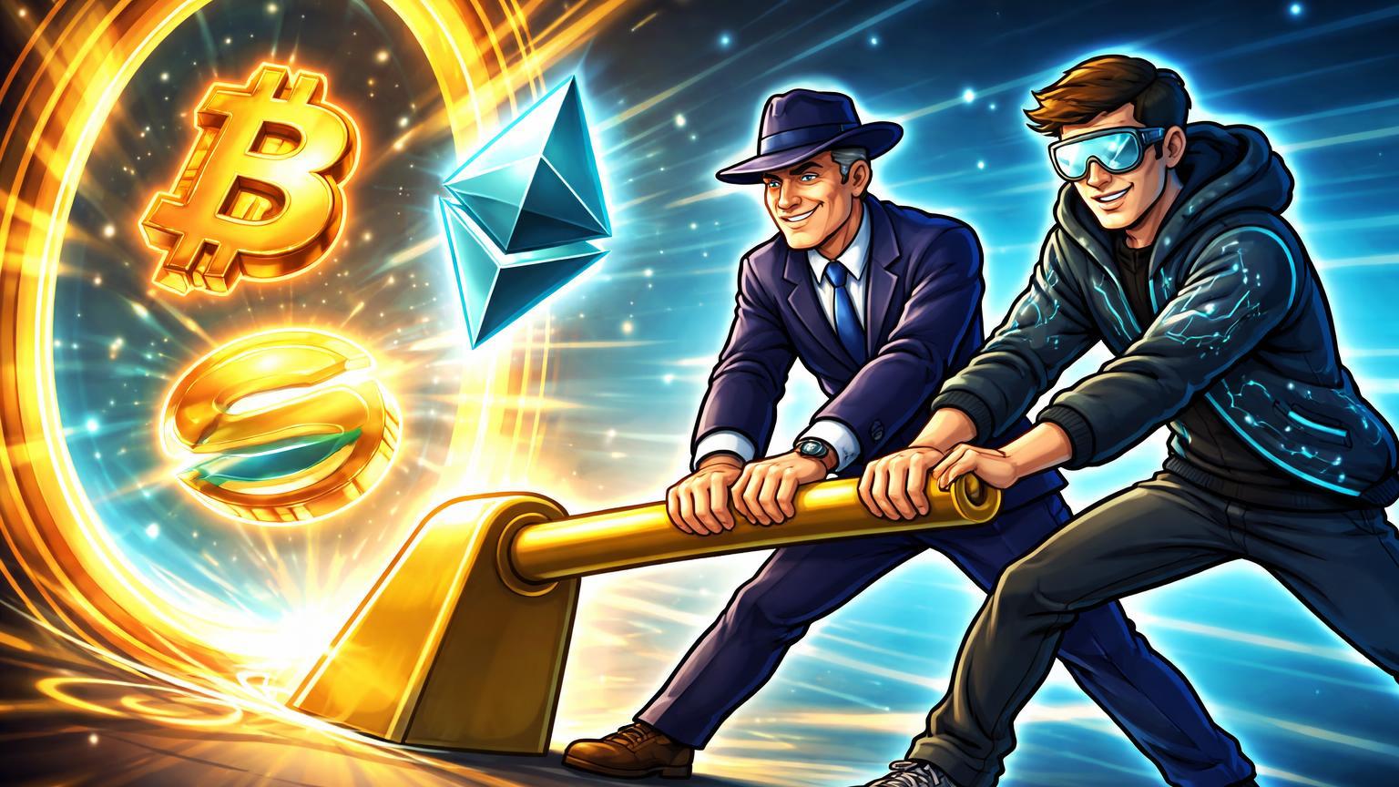 Executivos cartoon bancário e tech puxando alavanca para abrir portal com BTC ETH SOL, simbolizando ETF multi-cripto do Scotiabank no Canadá