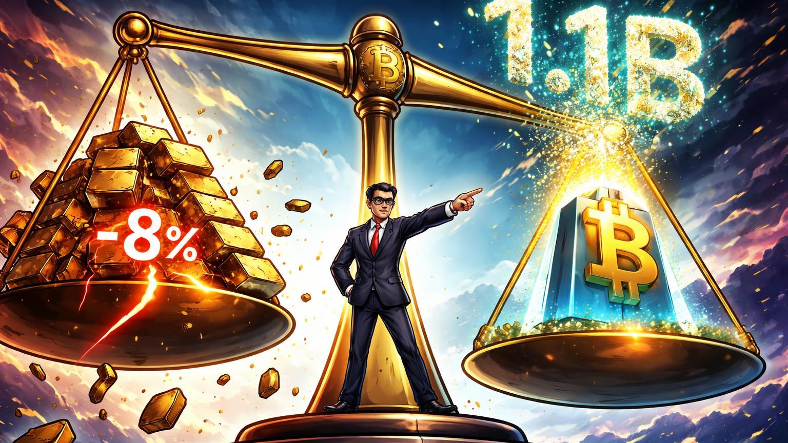 Balança cartoon com lado Bitcoin elevado por fluxo 1.1B e ouro desmoronando -8%, simbolizando influxo em ETFs vs queda do ouro em tensões no Irã