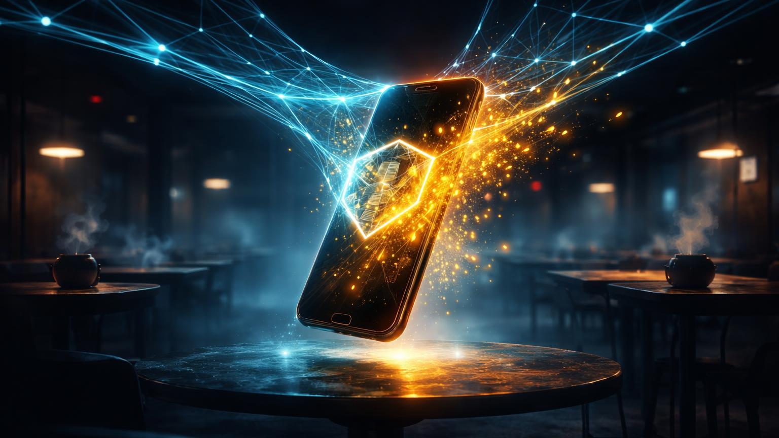 Silhueta de smartphone em café com aura de dados cripto dourados capturados por rede Wi-Fi cyan espectral, expondo risco do ataque AirSnitch