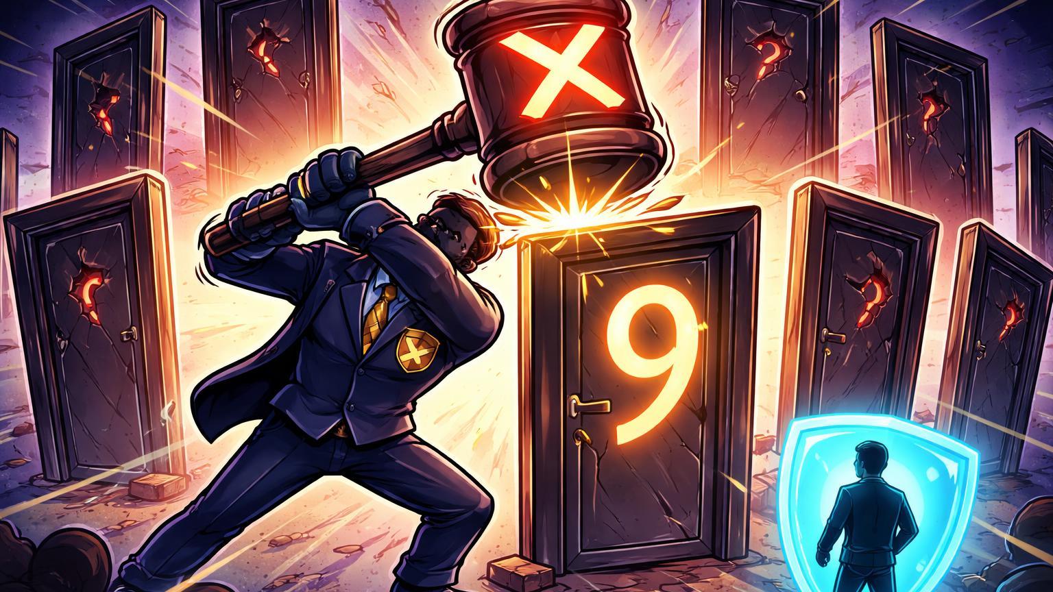 Personagem regulador cartoon fechando nove portas sombrias de plataformas fraudulentas com martelo selador, destacando proibição da CVM no Brasil