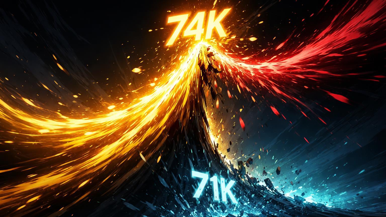 Onda dourada com 74K no pico colidindo com onda vermelha de liquidações, simbolizando volatilidade extrema do Bitcoin