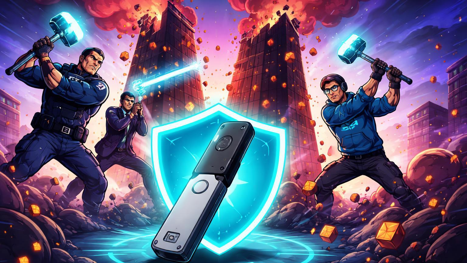 Agentes cartoon derrubando torres criminosas de leaks de dados, protegendo carteira hardware contra phishing em operação FBI-Europol