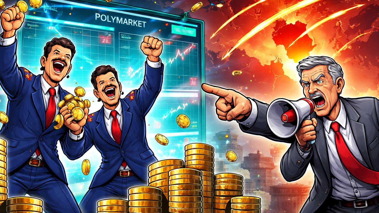 Insiders cartoon da Casa Branca celebrando lucros em apostas Polymarket enquanto senador aponta acusadoramente sobre mapa Irã, escândalo insider trading