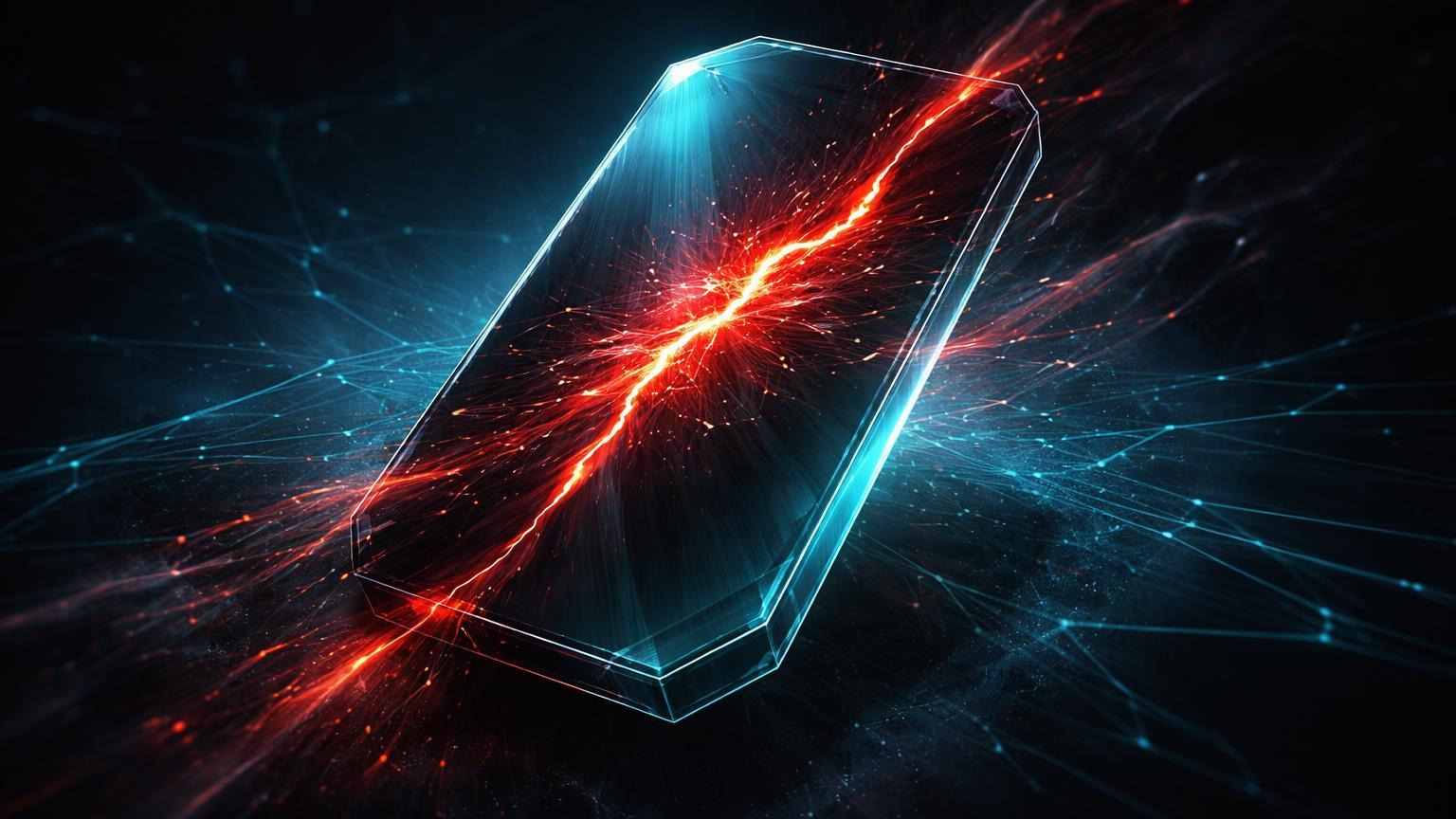 Dispositivo móvel hexagonal com fissura vermelha vazando dados criptografados, alertando sobre exploit Coruna em carteiras iPhone