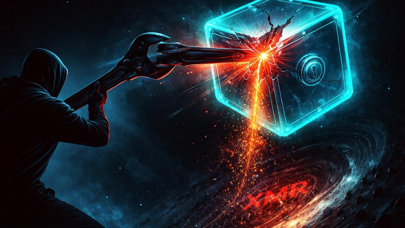 Cofre digital cyan rachado por chave-inglesa sombria de silhueta humana, vazando energia vermelha para vórtice XMR, alertando wrench attacks em cripto