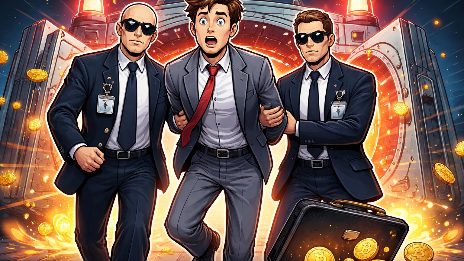 Agentes FBI cartoon algemando insider cartoon perto de cofre cripto governamental violado, ilustrando riscos de roubo interno em custódia