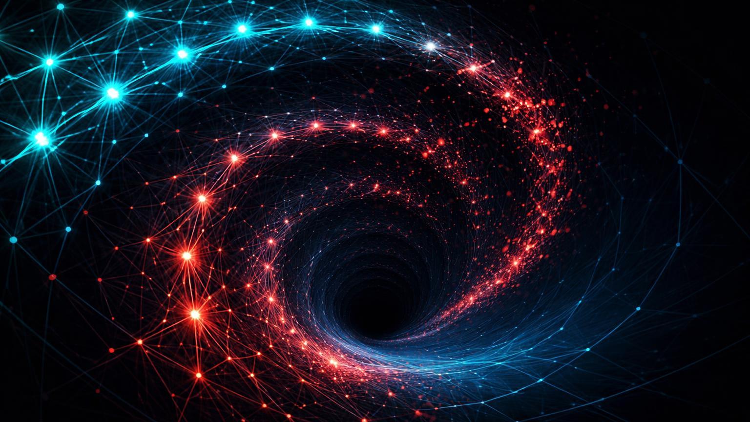 Espiral descendente de nós de rede cyan fragmentando em vermelho, simbolizando espiral da morte nas taxas de staking Ethereum pós-Fusaka